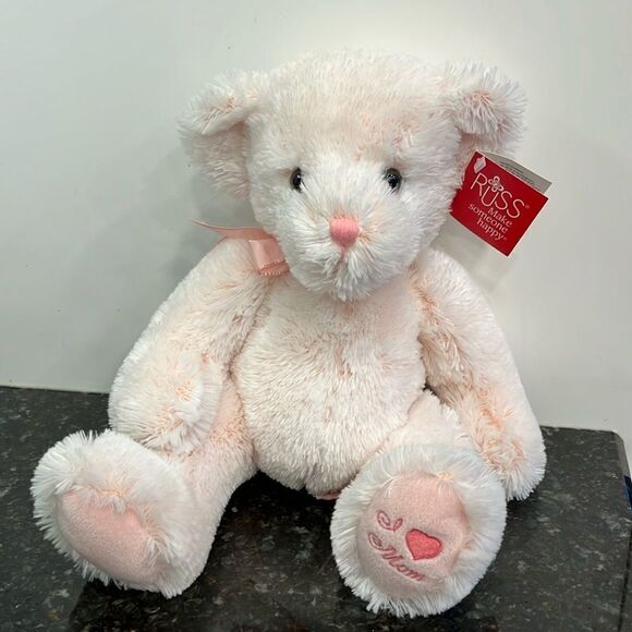 Russ Teddy Bear Pink Blush Plush I love mom Heart  16” Soft Shaggy Fur - Picture 1 of 12